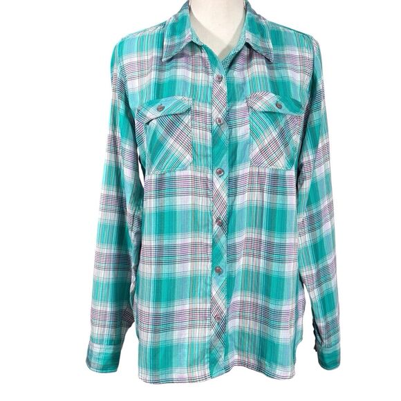 Marmot Shirt Long Sleeve Button Womens Large Green Plaid Roll Tab Gorpcore - Picture 1 of 10